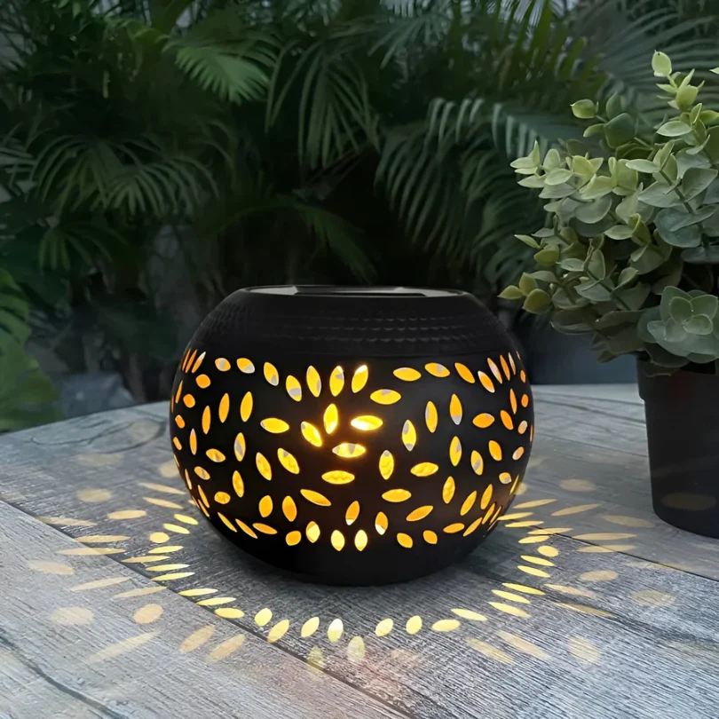 Solar-Powered Decorative Lantern with Leaf Cut-Out Pattern for Gardens