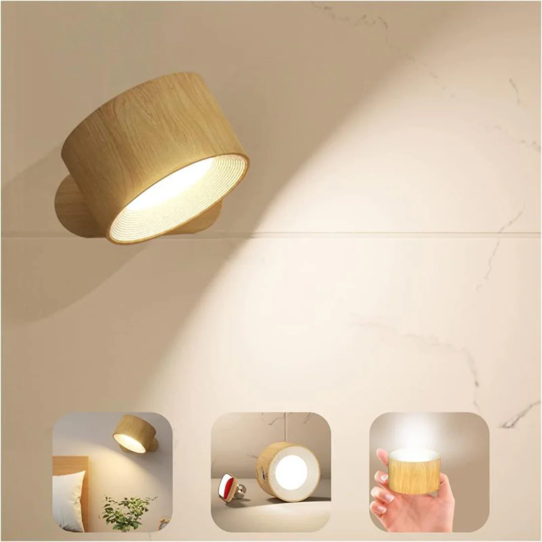 Wall Lamp | Matte Black Metal & Natural Wood | 360�� Rotatable Head | Living Room Accent