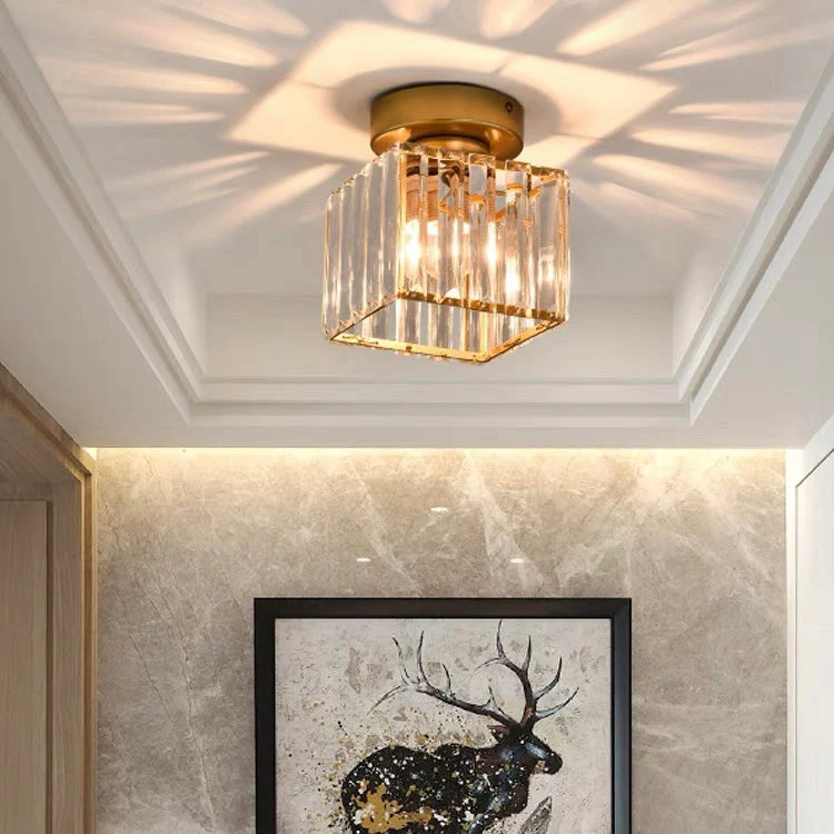 Contemporary Flush Ceiling Light with Crystal Rods & Brass Cage �C E27 Fitting
