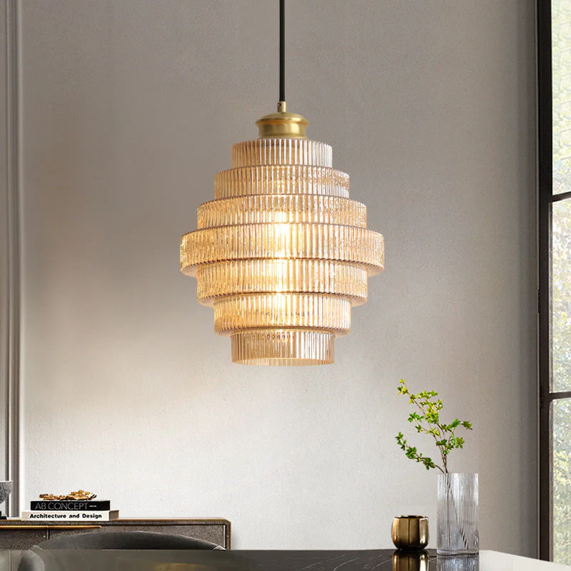 Pendant Light | Ribbed Glass & Brass | Tiered Design | Dining Room Elegance