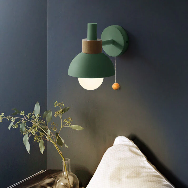 Modern Nordic Wall Sconce Light �C Iron & Glass Globe with Wooden Pull Cord, E26 Fitting