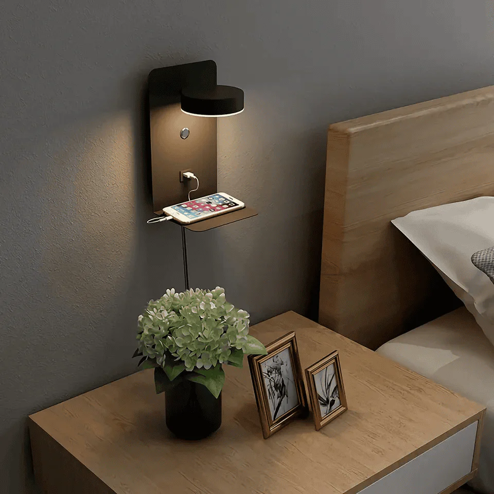 Modern Wall-Mounted LED Night Light with Shelf and USB �?Bedroom Ambient Lamp