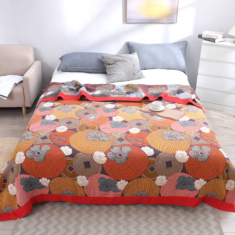 Cotton Gauze Reversible Quilt �?Persimmon Jacquard Design �?100% Organic Cotton �?Soft & Breathable for All Seasons