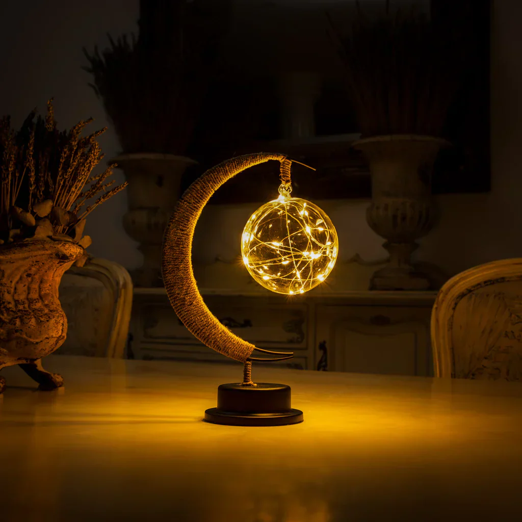 Crescent Moon Table Lamp with Hanging Orb �?Ethereal LED Decor Light