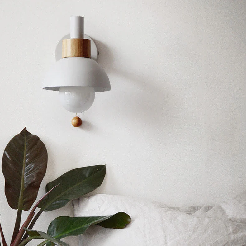 Modern Nordic Wall Sconce Light �C Iron & Glass Globe with Wooden Pull Cord, E26 Fitting
