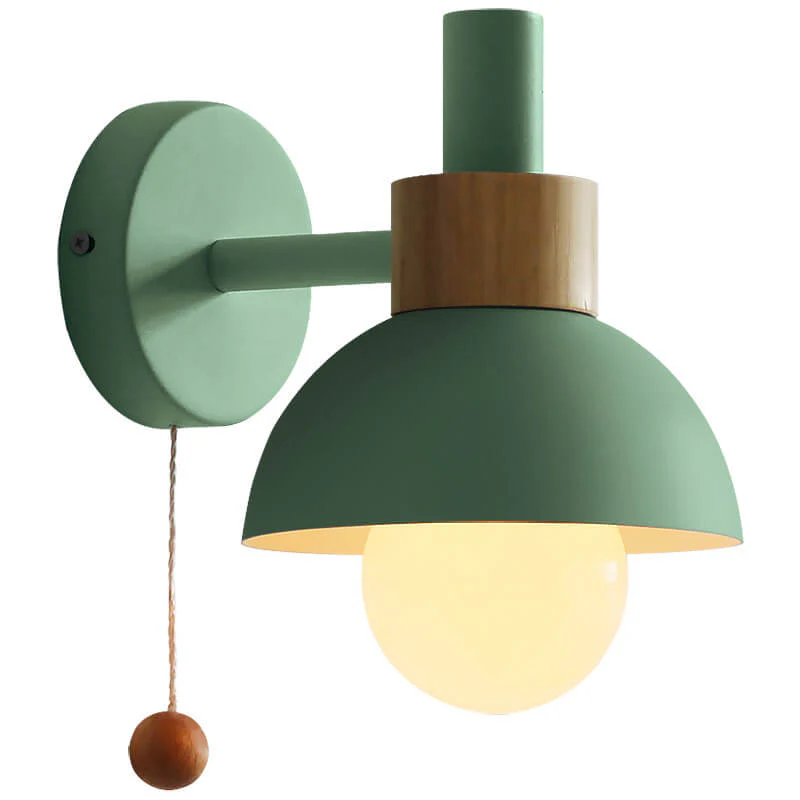 Modern Nordic Wall Sconce Light �C Iron & Glass Globe with Wooden Pull Cord, E26 Fitting