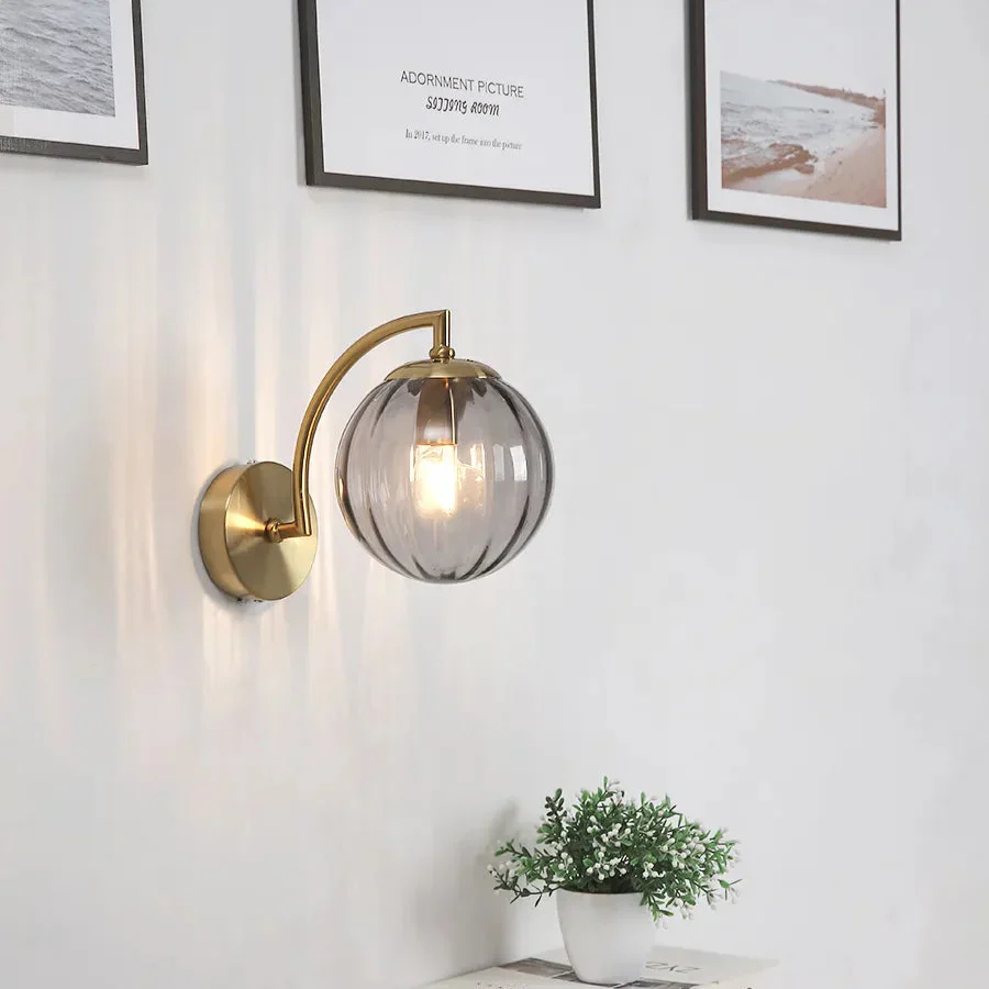 Modern Ribbed Glass Globe Wall Light �C Curved Arm LED Sconce for Elegant Interiors