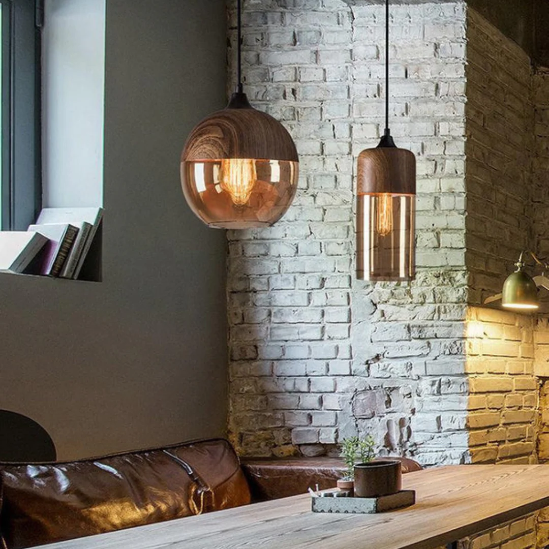 Scandinavian Wooden Globe Pendant Light with Glass Shade - NordLuna
