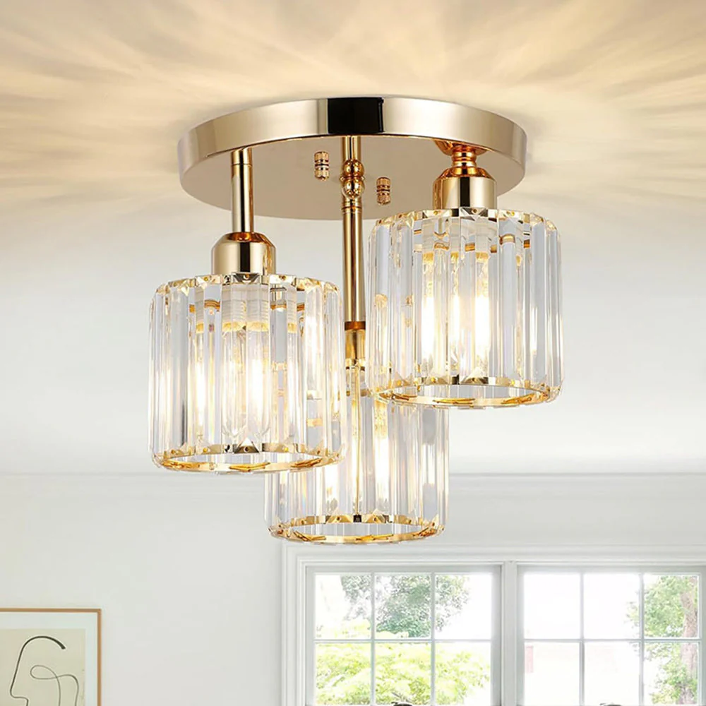 Modern Crystal Semi-Flush Ceiling Light with Ribbed Glass Shades �C 3-Light Fixture