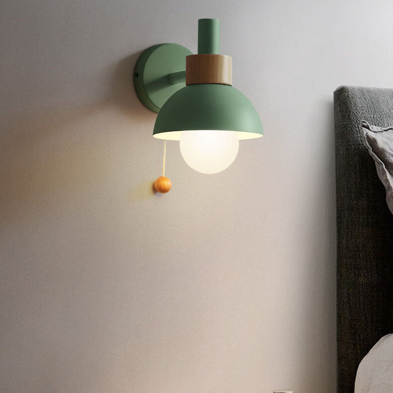 Modern Nordic Wall Sconce Light �C Iron & Glass Globe with Wooden Pull Cord, E26 Fitting