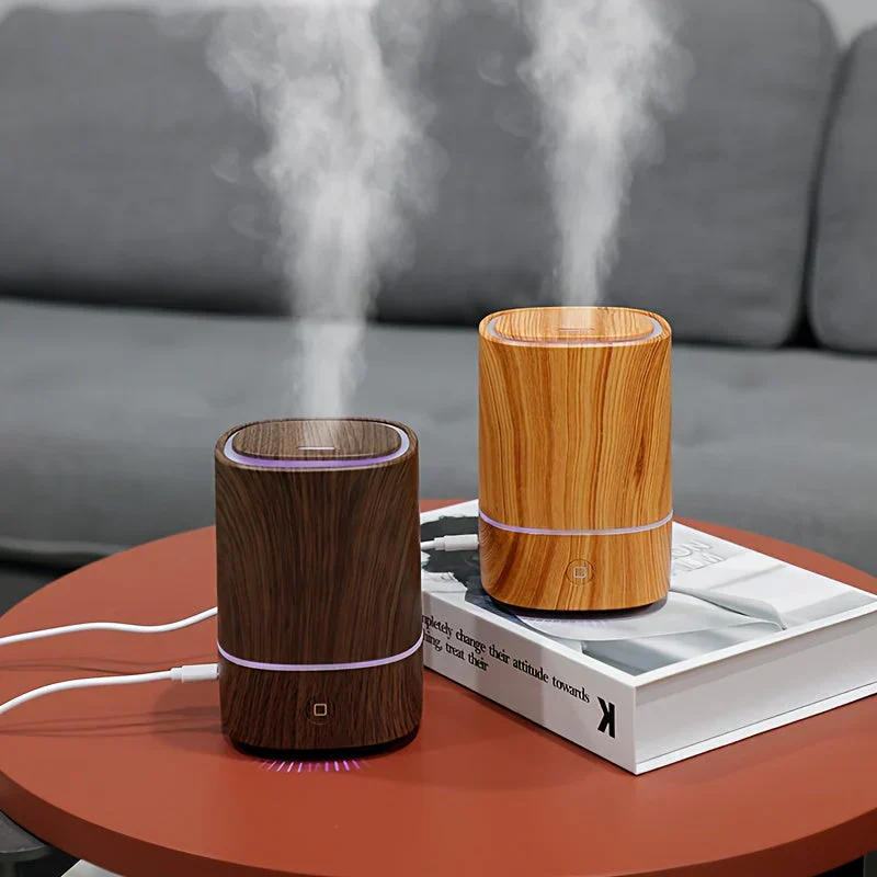 Minimalist Wood-Grain Essential Oil Diffuser with LED Light & USB Power