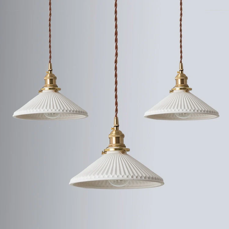 Pendant Light | White Ceramic & Brass | Fluted Shade Design | Living Room Accent