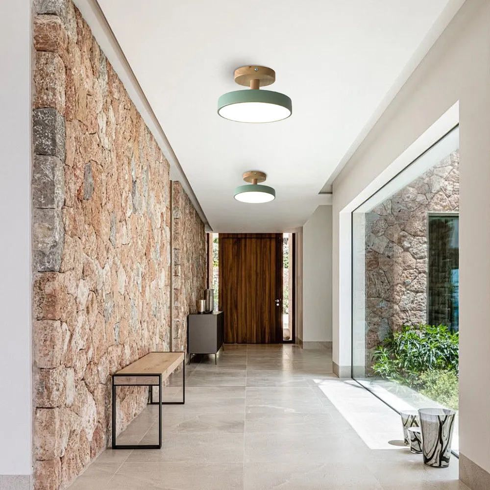 Modern Flush Mount LED Ceiling Light �C Wood & Iron, Minimalist Round Design