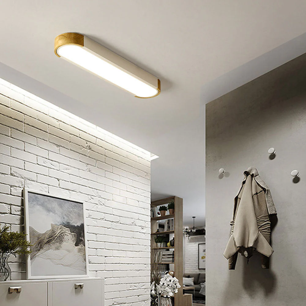 Modern Minimalist Flush Mount Ceiling Light �C Wood & Metal LED Fixture for Hallway