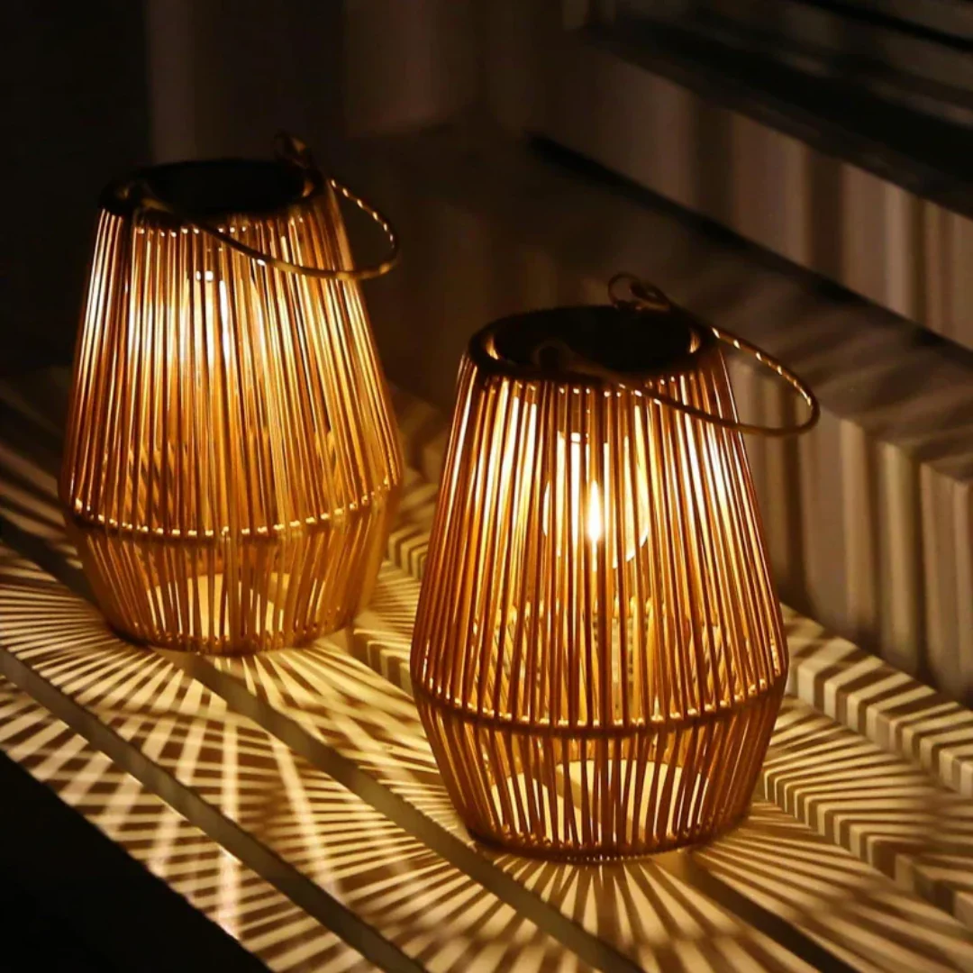Handcrafted Solar Garden Lantern - Waterproof Rattan Boho Candle Light