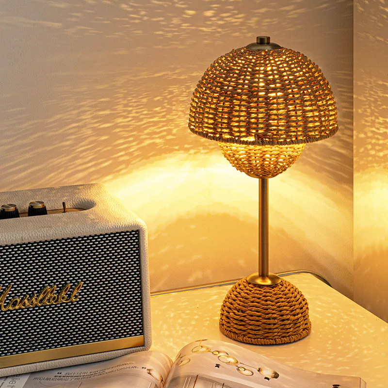 Eco-Friendly Bamboo Rattan Table Lamp with LED Ambient Glow