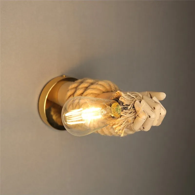 Retro Industrial Wall Sconce with Sculpted Hand and Rope �C Vintage LED Wall Light