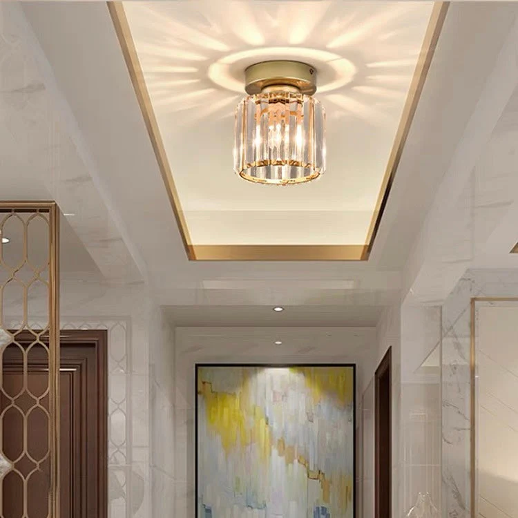 Contemporary Flush Ceiling Light with Crystal Rods & Brass Cage �C E27 Fitting