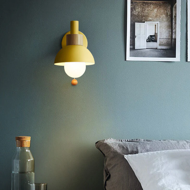 Modern Nordic Wall Sconce Light �C Iron & Glass Globe with Wooden Pull Cord, E26 Fitting