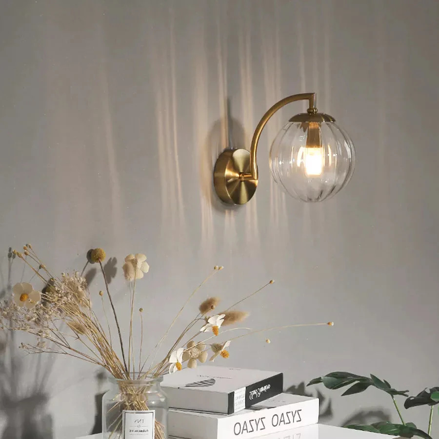 Modern Ribbed Glass Globe Wall Light �C Curved Arm LED Sconce for Elegant Interiors