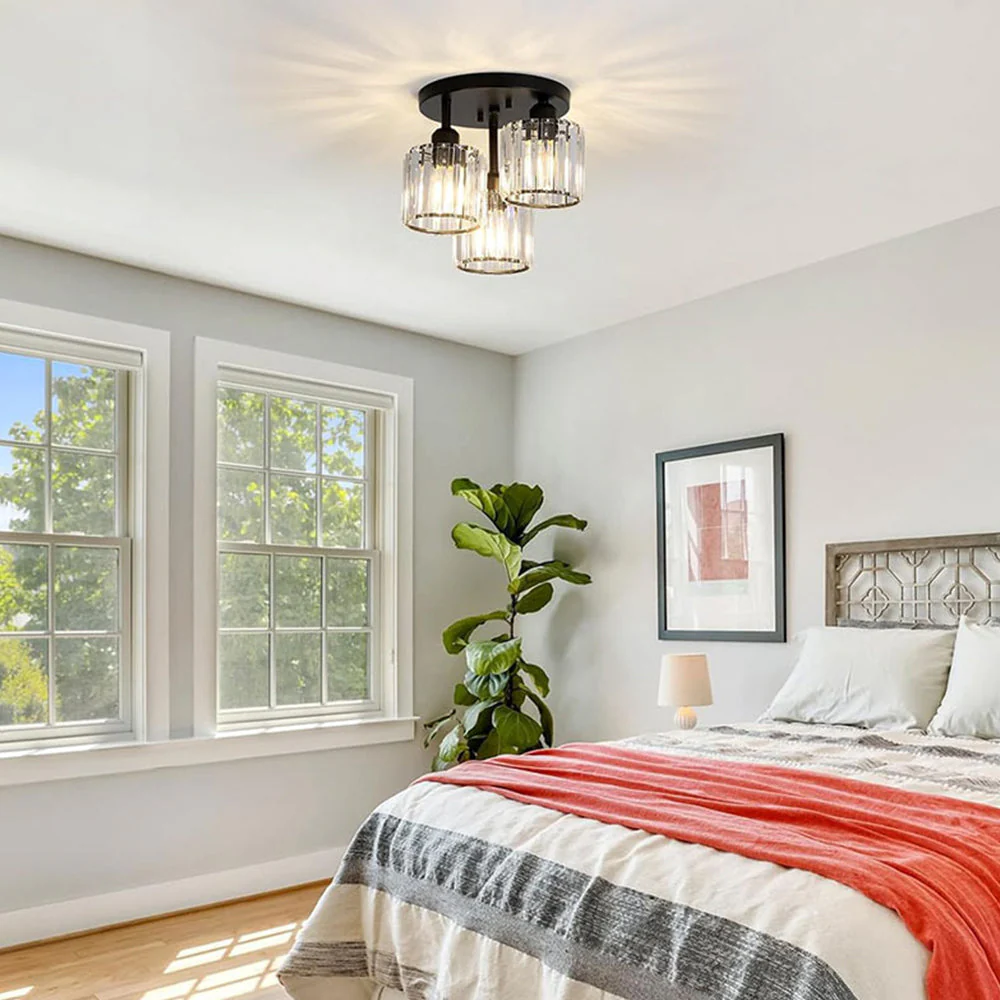 Modern Crystal Semi-Flush Ceiling Light with Ribbed Glass Shades �C 3-Light Fixture