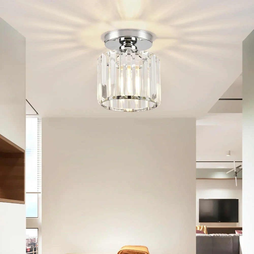 Contemporary Flush Ceiling Light with Crystal Rods & Brass Cage �C E27 Fitting