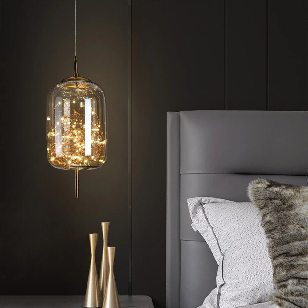 Modern Nordic Glass LED Pendant Light �?Sleek Cylinder Design with Fairy Light Core