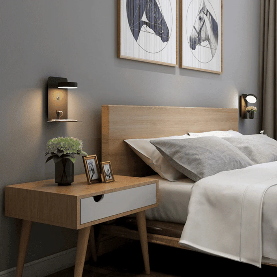 Modern Wall-Mounted LED Night Light with Shelf and USB �?Bedroom Ambient Lamp