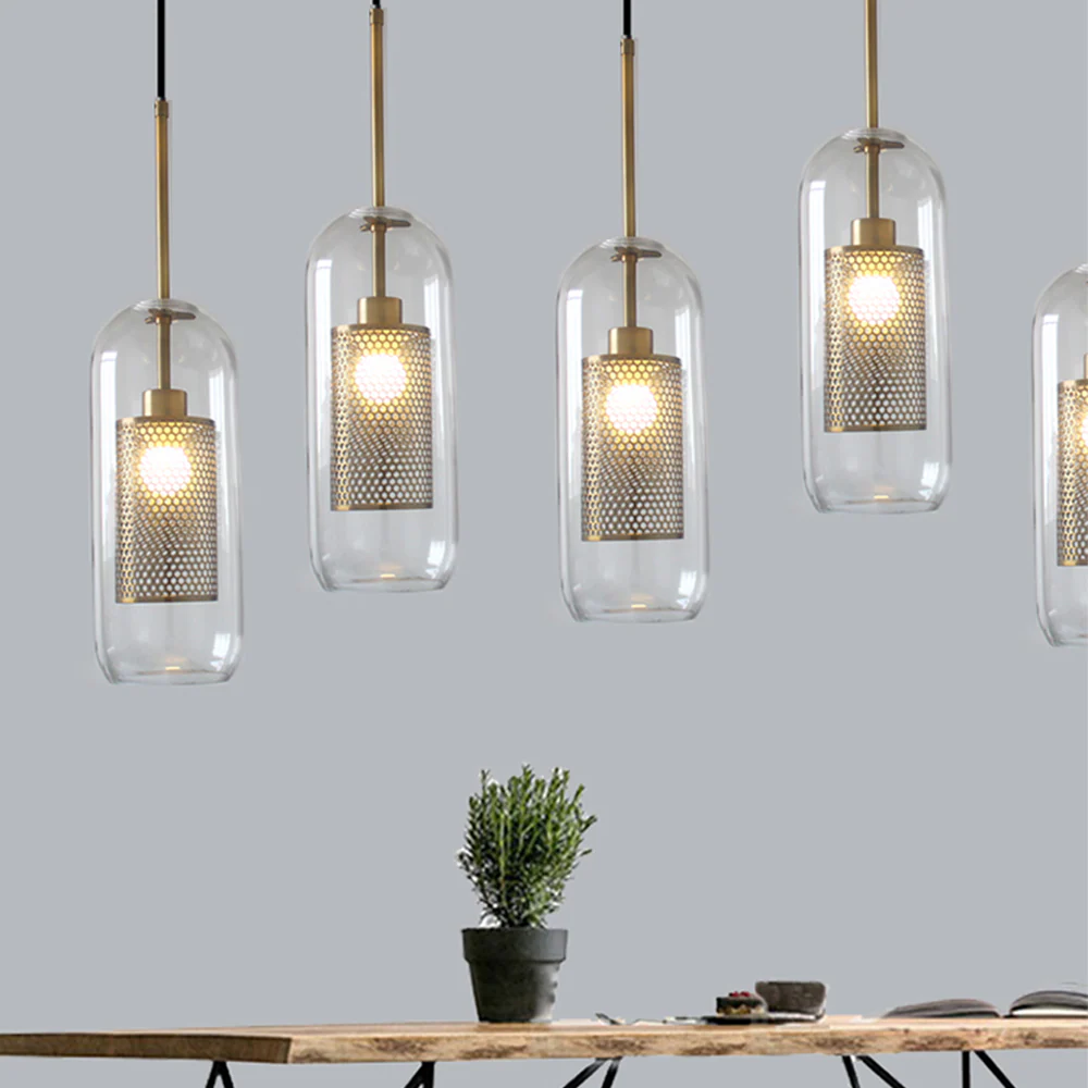 Modern Glass Pendant Light with Perforated Metal Inner Shade �C Contemporary Ceiling Fixture