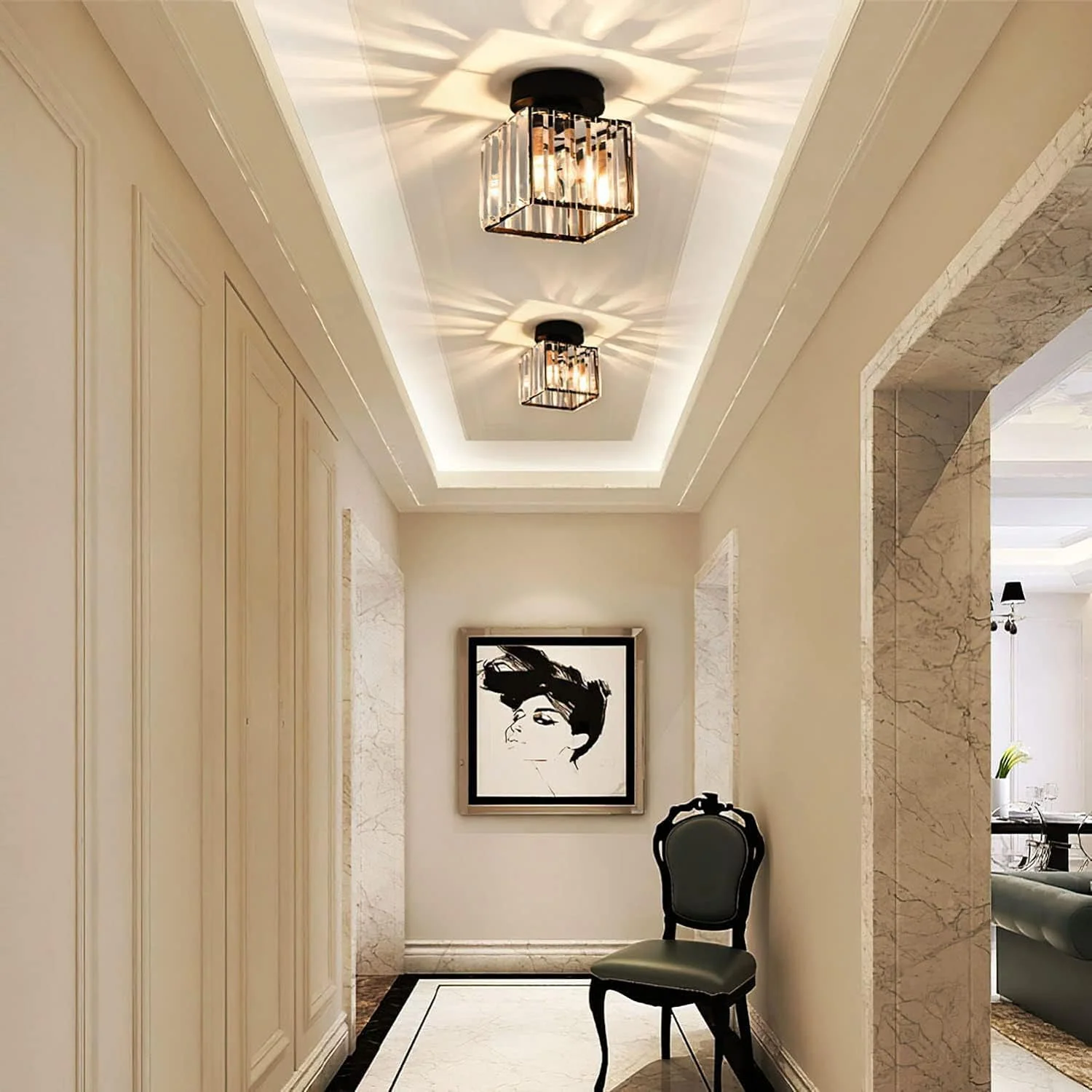 Contemporary Flush Ceiling Light with Crystal Rods & Brass Cage �C E27 Fitting