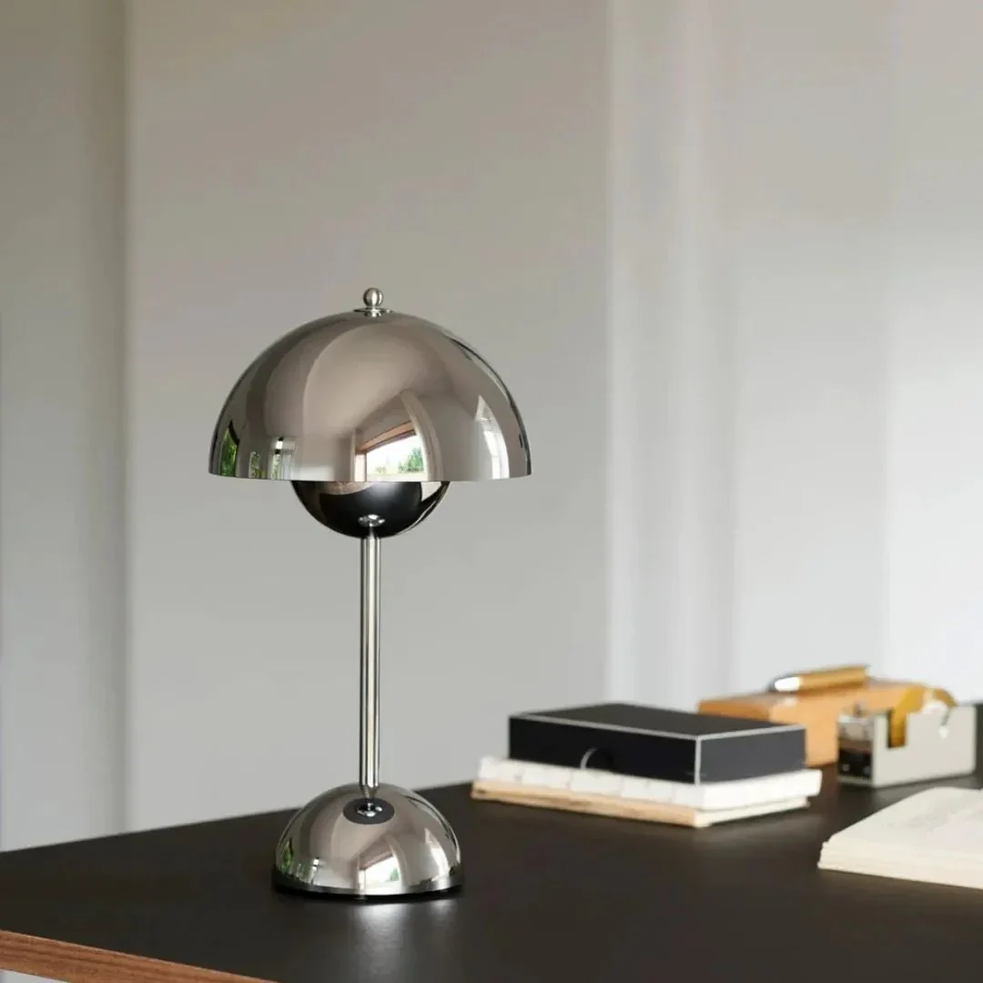 Table Lamp | Polished Chrome | Dome-Shaped Shade | Living Room Accent