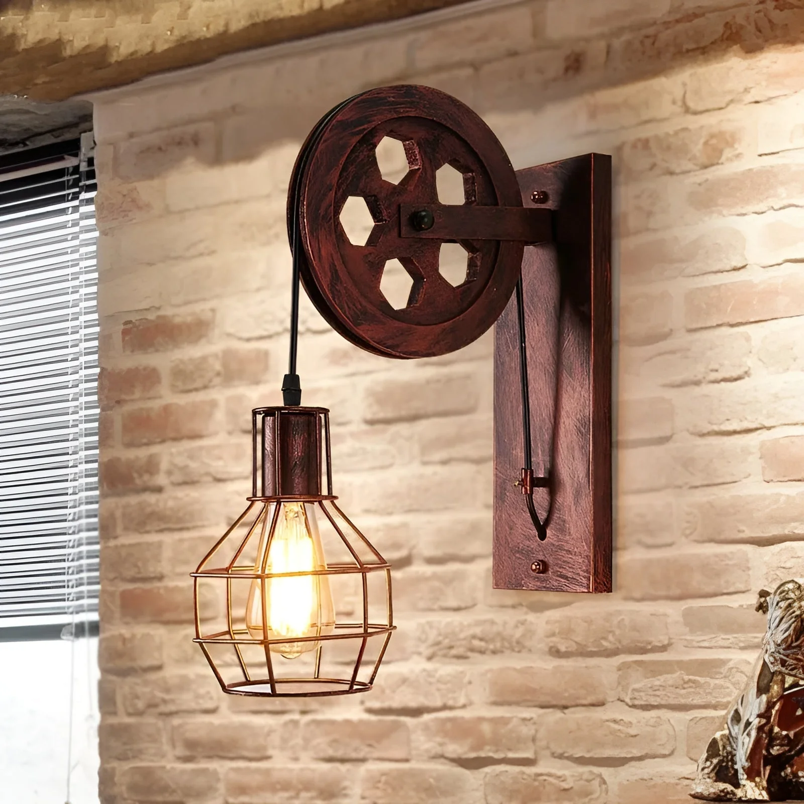 Industrial Vintage LED Wall Sconce with Pulley and Cage Design