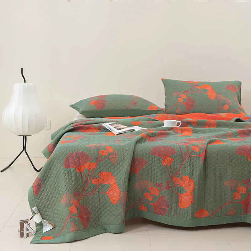 Orange Ginkgo Leaf Quilt �C Reversible 3-Layer Cotton �C Breathable & Stylish Bedding
