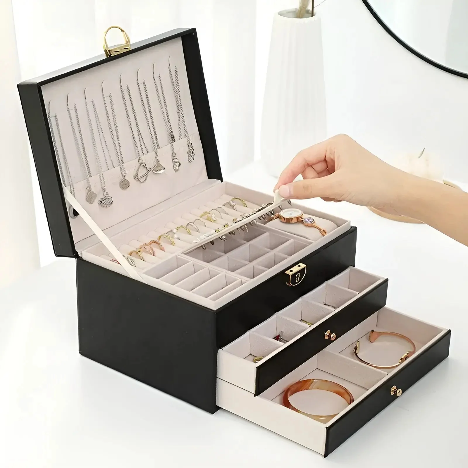 Contemporary PU Leather Jewelry Box with Velvet Lining & Secure Drawers