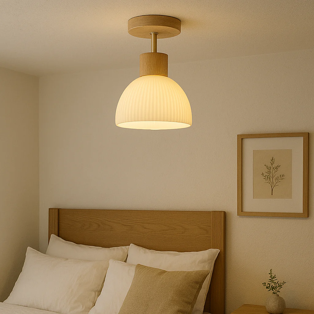 Ceiling Light | Wood & Textured Glass | Ribbed Texture | Living Room Accent