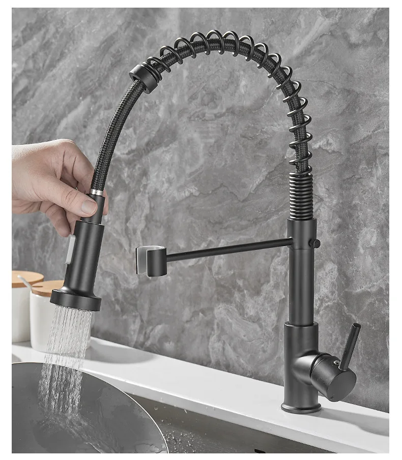 Modern Industrial Pull-Down Kitchen Faucet with Swivel Spout & Dual Outlet