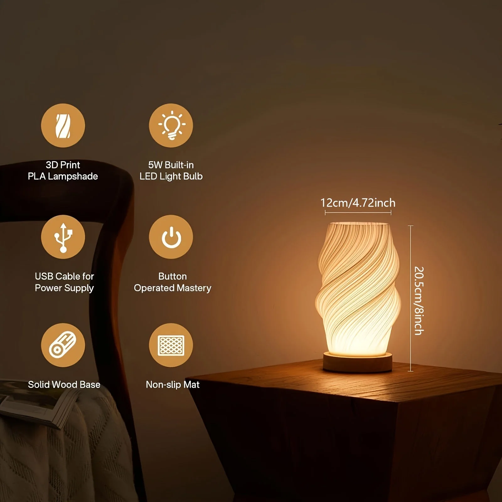 Dimmable Bedside Lamp with Wooden Base and 3D-Printed Shade