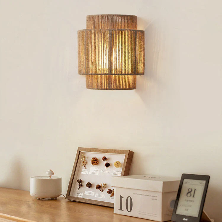 Japanese Woven Rope Wall Light �C Boho Coastal Dual-Tier Sconce for Living Room/Bedroom