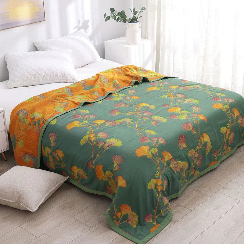 Cotton Jacquard Quilt �?Ginkgo Leaf Reversible Design �?Soft Cotton & Soy Fiber �?Lightweight Summer Blanket