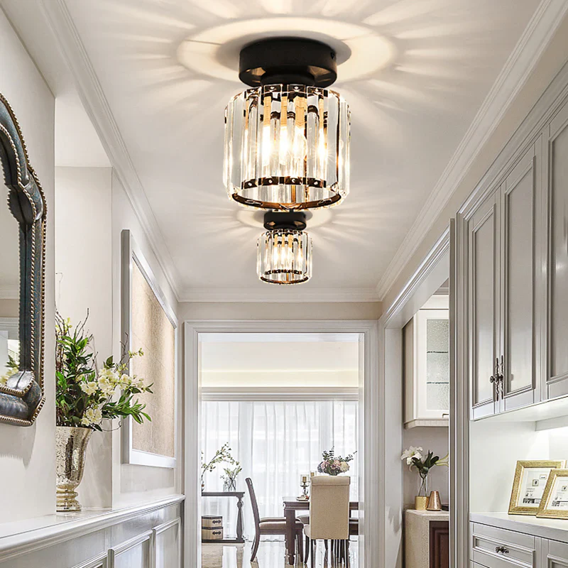 Contemporary Flush Ceiling Light with Crystal Rods & Brass Cage �C E27 Fitting