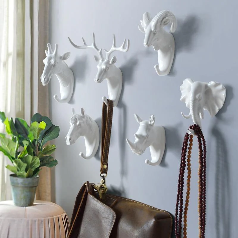 Animal Wall Hooks Set of 6 Modern Resin Metal Mountable