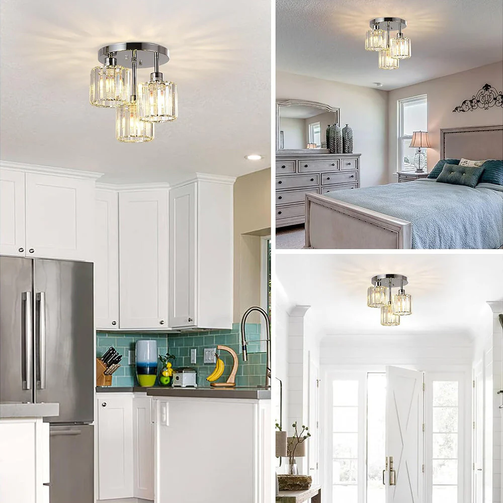 Modern Crystal Semi-Flush Ceiling Light with Ribbed Glass Shades �C 3-Light Fixture