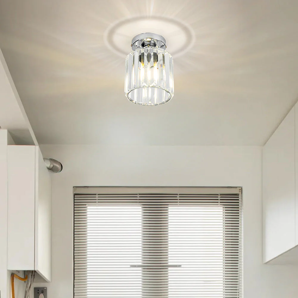 Contemporary Flush Ceiling Light with Crystal Rods & Brass Cage �C E27 Fitting