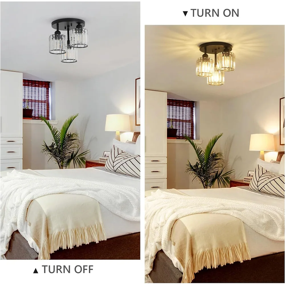 Modern Crystal Semi-Flush Ceiling Light with Ribbed Glass Shades �C 3-Light Fixture