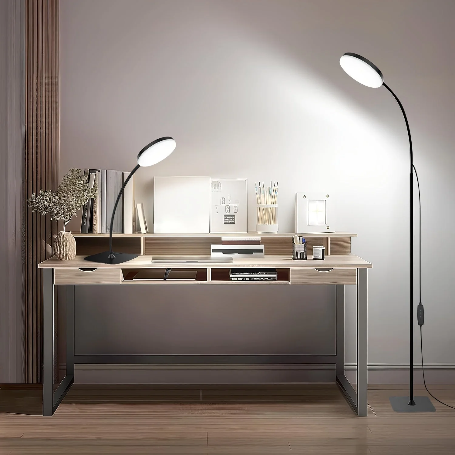 Adjustable LED Floor Lamp with Round Shade, USB Powered