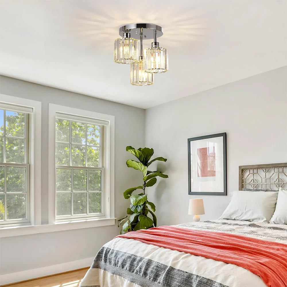 Modern Crystal Semi-Flush Ceiling Light with Ribbed Glass Shades �C 3-Light Fixture