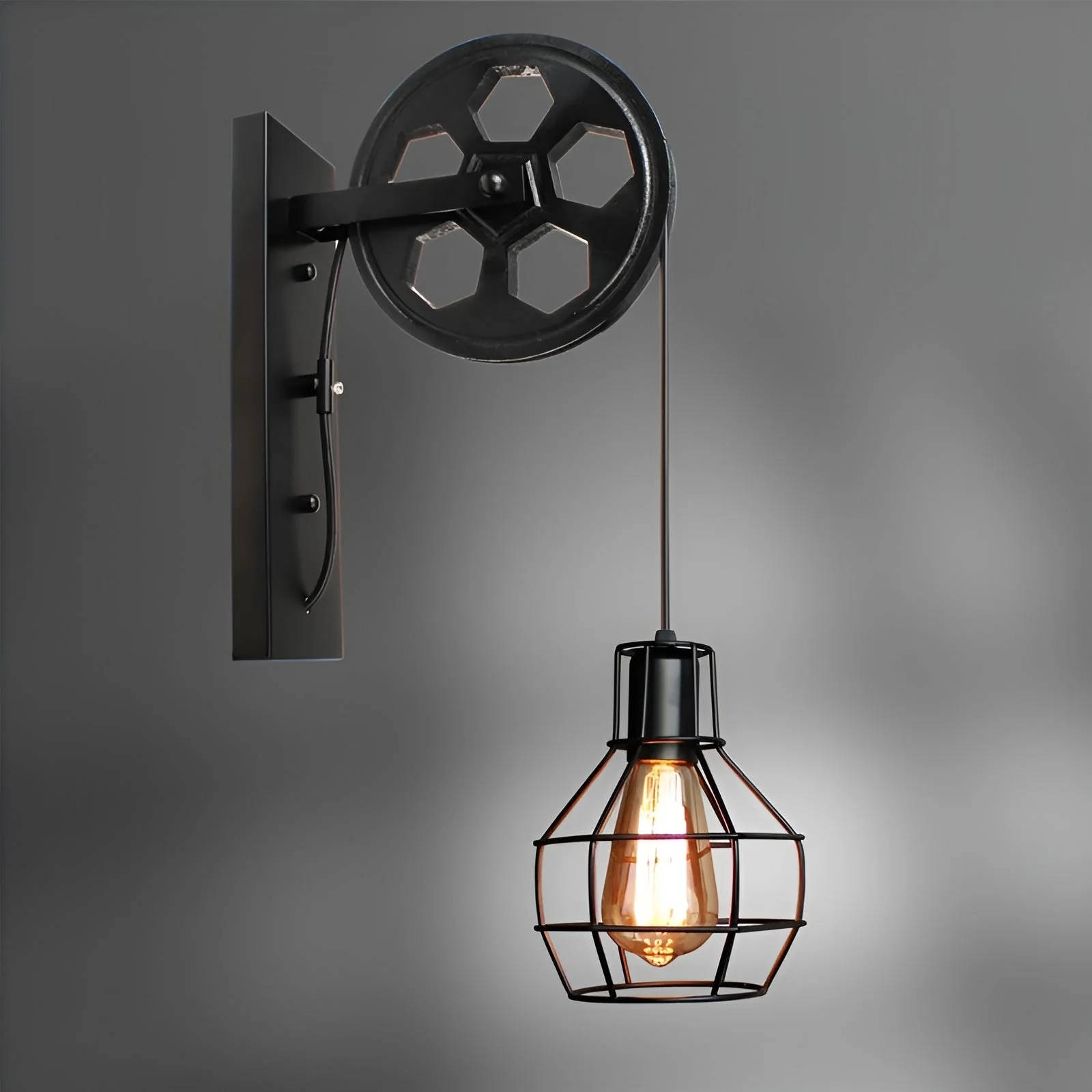 Industrial Vintage LED Wall Sconce with Pulley and Cage Design