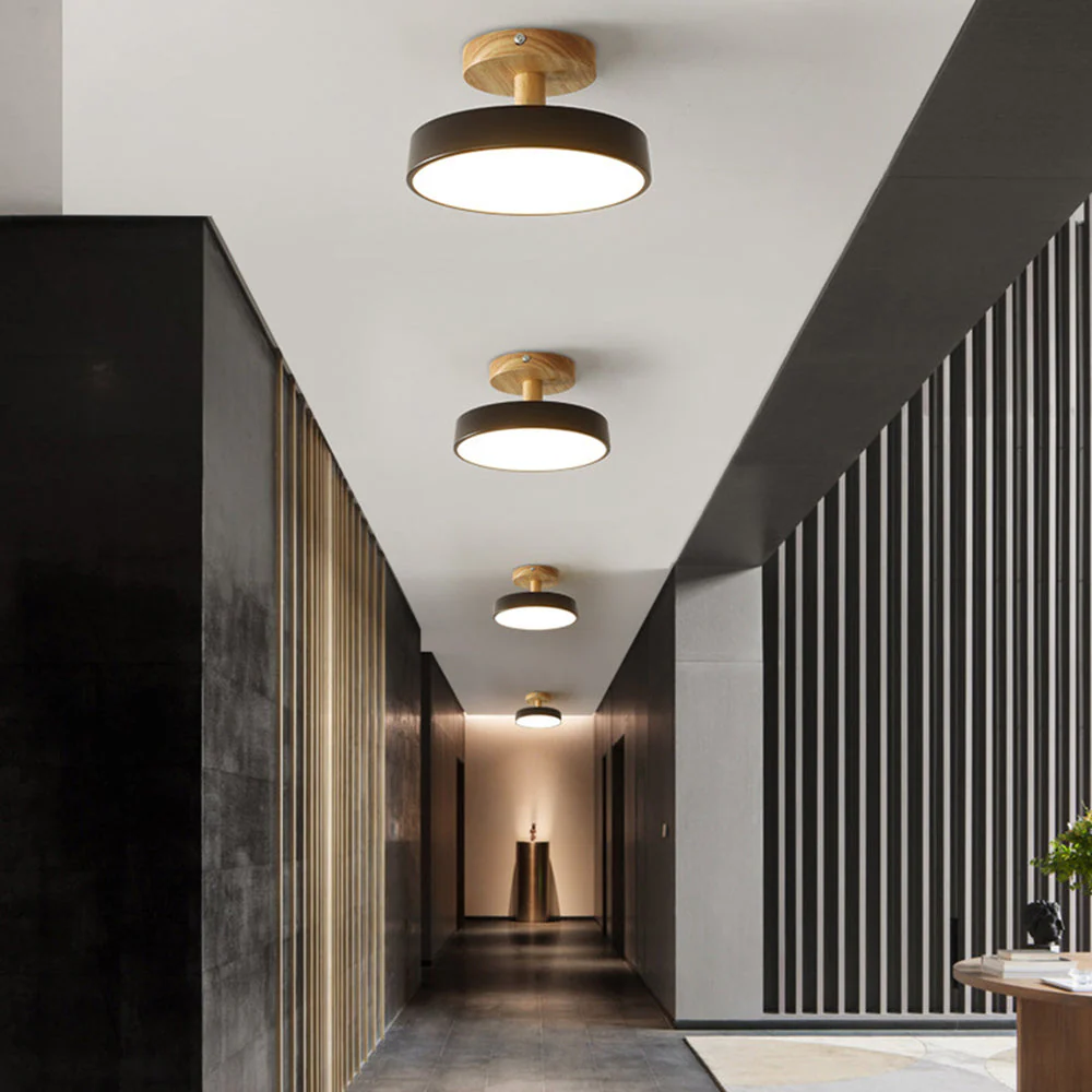 Modern Flush Mount LED Ceiling Light �C Wood & Iron, Minimalist Round Design