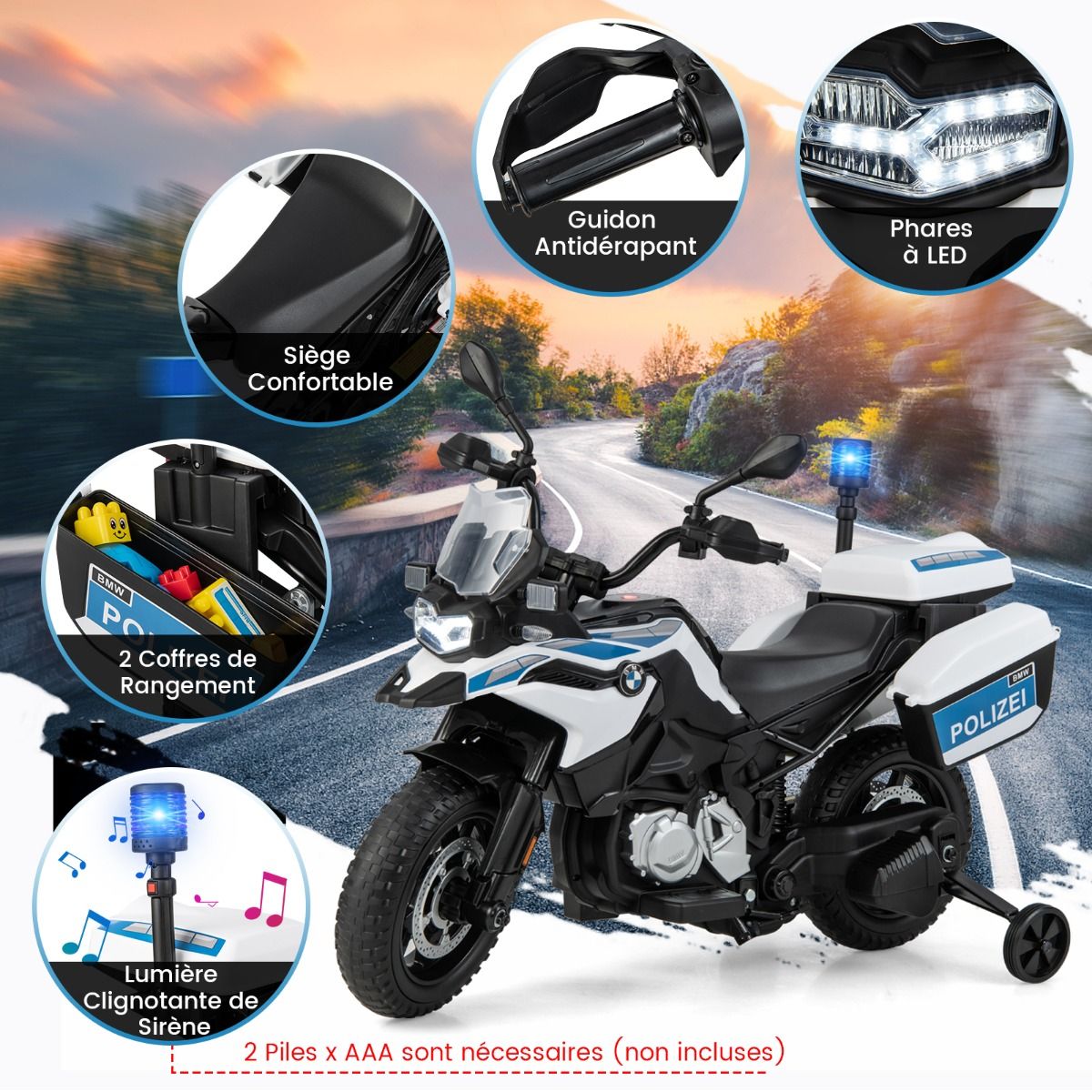 Moto Électrique BMW 12V/7AH pour Enfants 6km/h Modèle Policier avec Klaxon Musique Sirène Phares pour 3-8 Ans