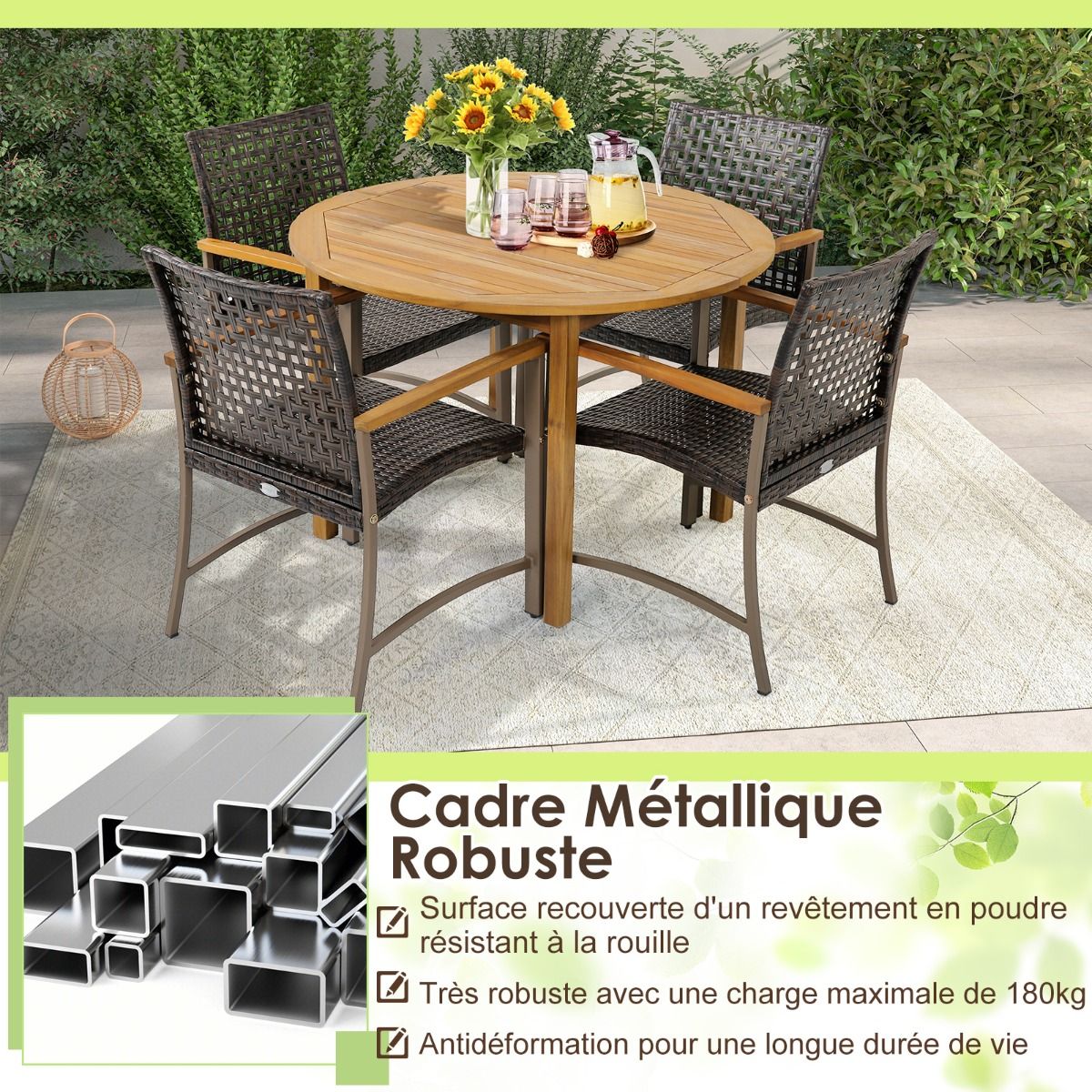 Ensemble de 4 Chaises en Rotin pour l'Extérieur Chaises avec Accoudoirs en Bois d'Acacia Structure Métallique Robuste Chaises Ergonomiques